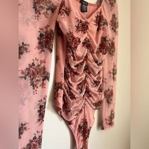 Pink Floral Rutched Mesh Bodysuit